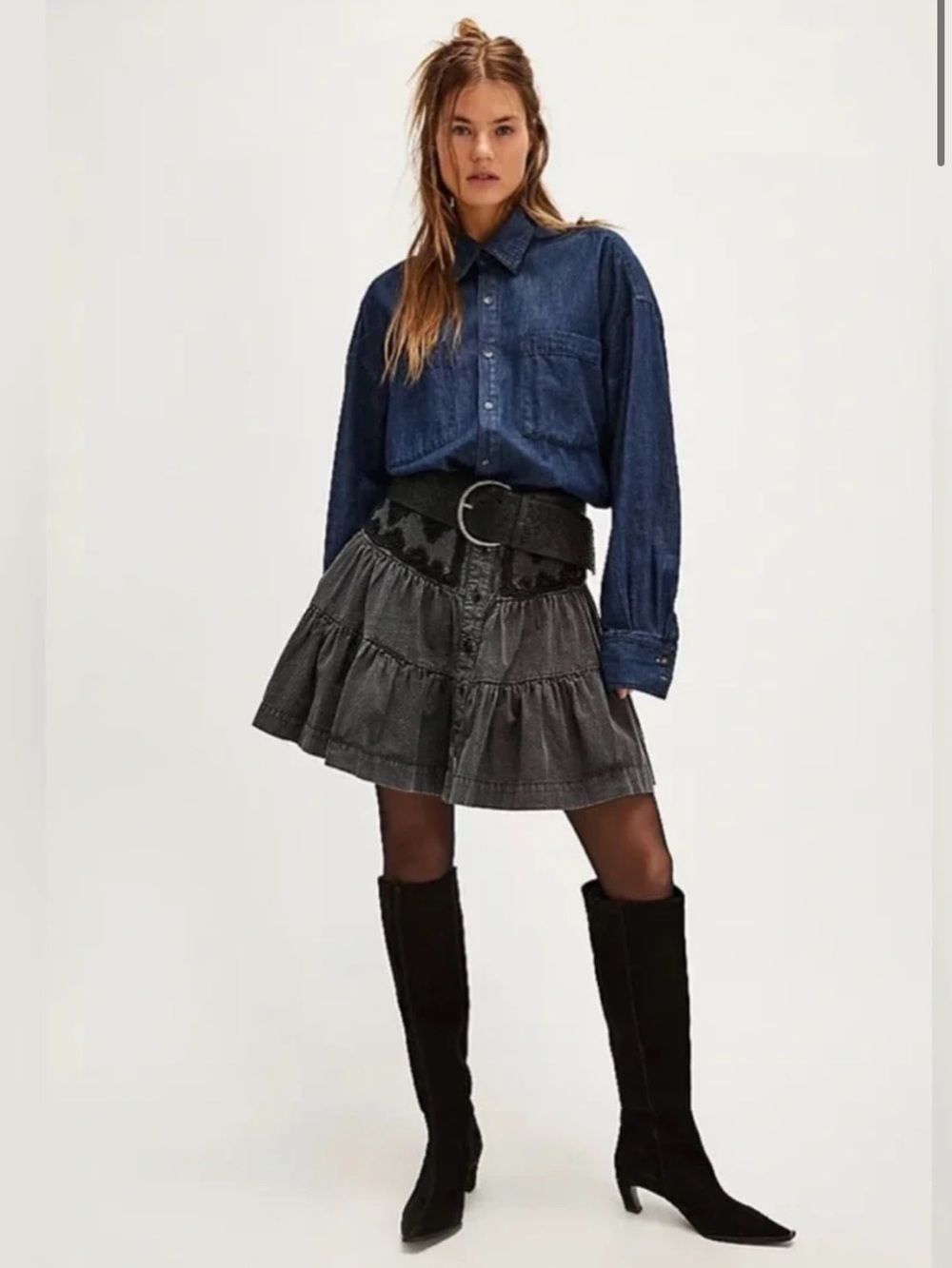 Free People August Embroidered Tiered Mini Skirt in Washed Black Size 4 - Picture 2 of 8
